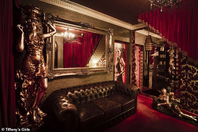 Inside there are 14 bedrooms and 12 bathrooms, with photographs of the interior revealing heavy red velvet curtains, gilded statues of ancient goddesses, throne chairs, large Jacuzzis and mirrored ceilings.