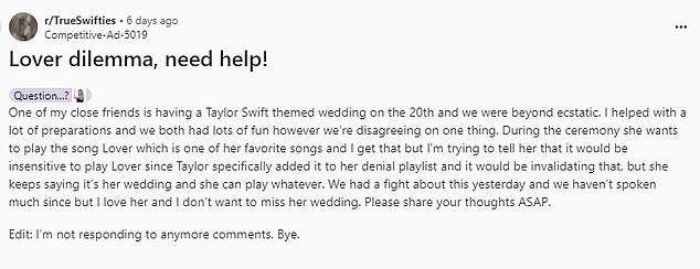 In a post on Reddit, the woman explained that one of her close friends is having a Taylor Swift-themed wedding, something that left her 