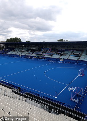 The Yves-du-Manoir stadium is dressed up with the branding of the 2024 Olympic Games for hockey events