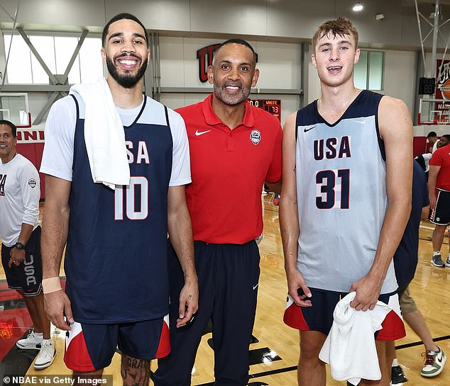 Three generations of Duke basketball players (from left): Jayson Tatum, Grant Hill and Flagg