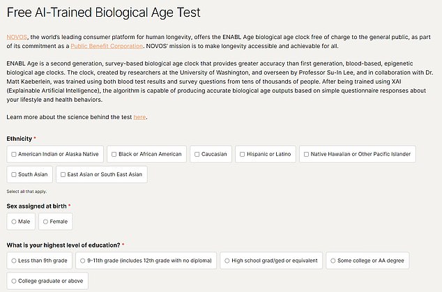 Above is a screenshot of the test, which estimates biological age through 24 questions.