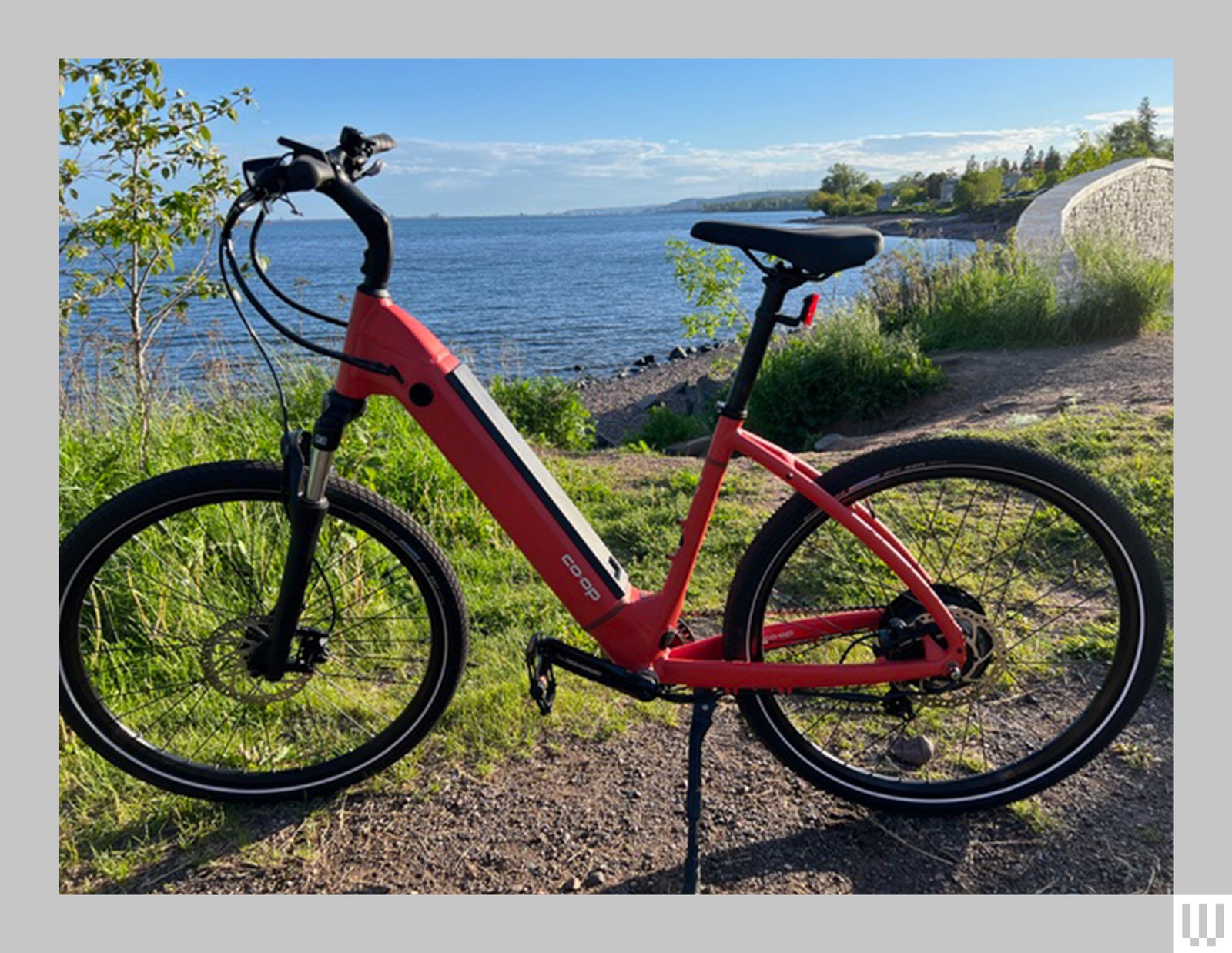 Red electric bike leaning on grassy ground with water and blue sky in the distance