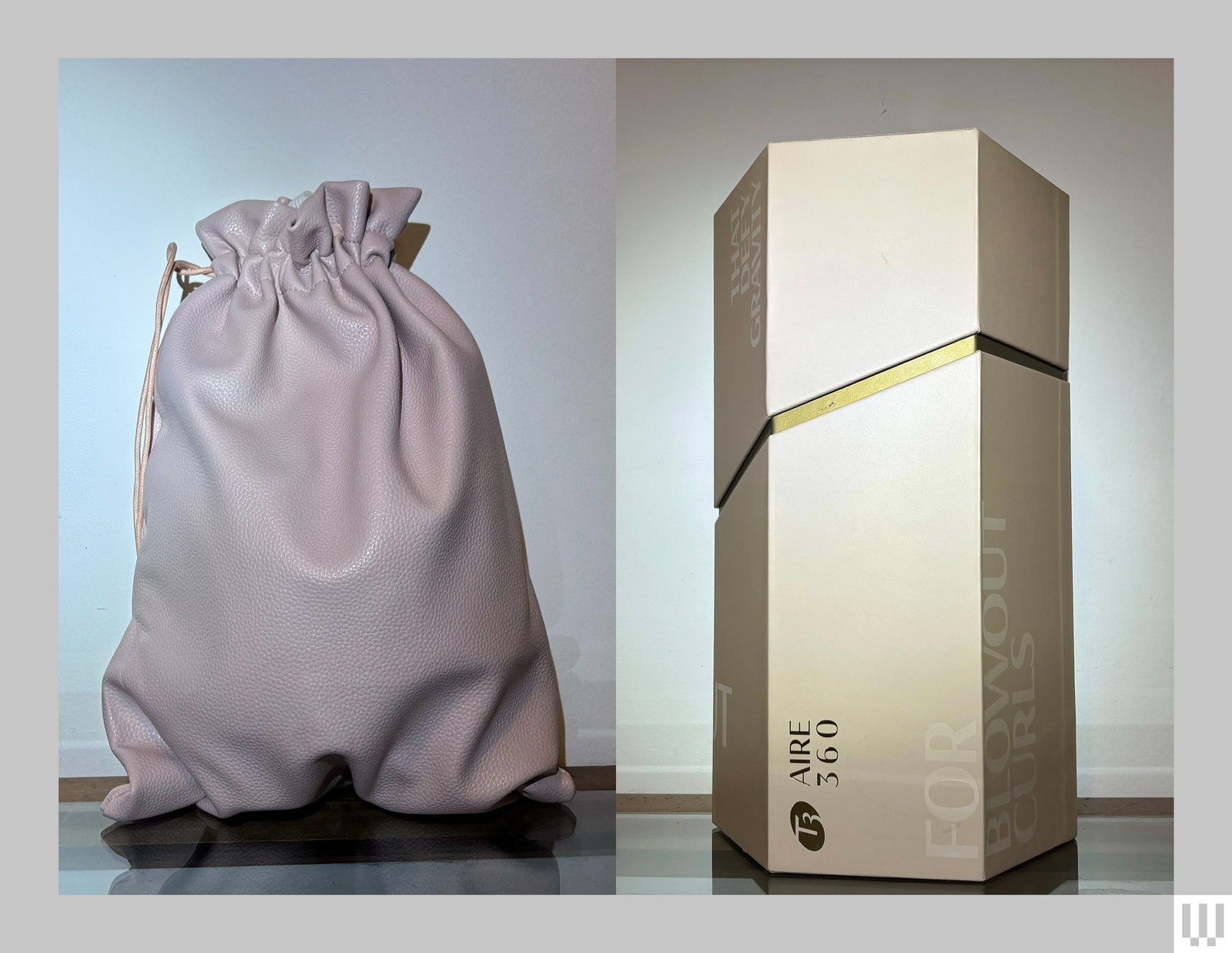 Pink drawstring bag next to a golden hexagonal box