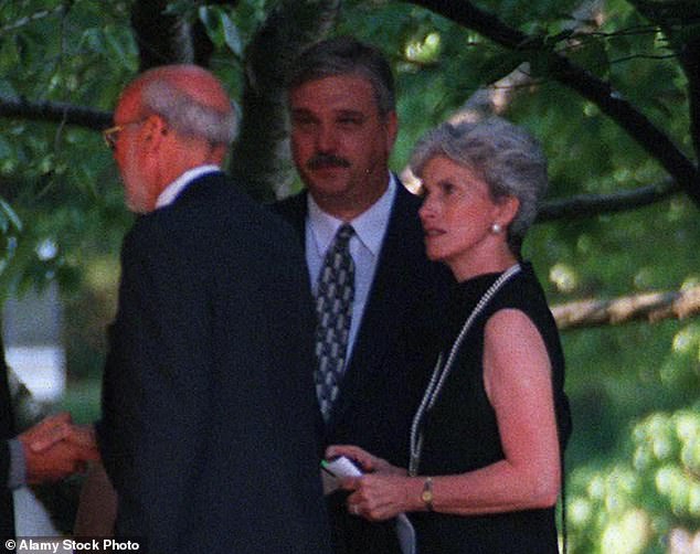 Ann Freeman (right) photographed at the memorial service in Greenwich, Connecticut, for Lauren Bessette in 1999