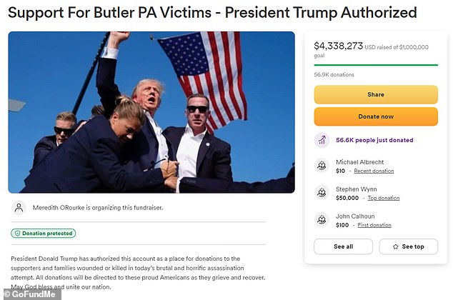 Donald Trump's campaign has raised more than $4 million for the families of the three men killed and wounded in Saturday's assassination attempt.