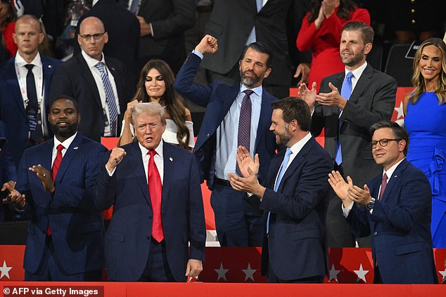 Donald Trump was greeted by family and close allies during a long, sociable entrance to the Republican National Convention in Milwaukee, Wisconsin, on Monday night.