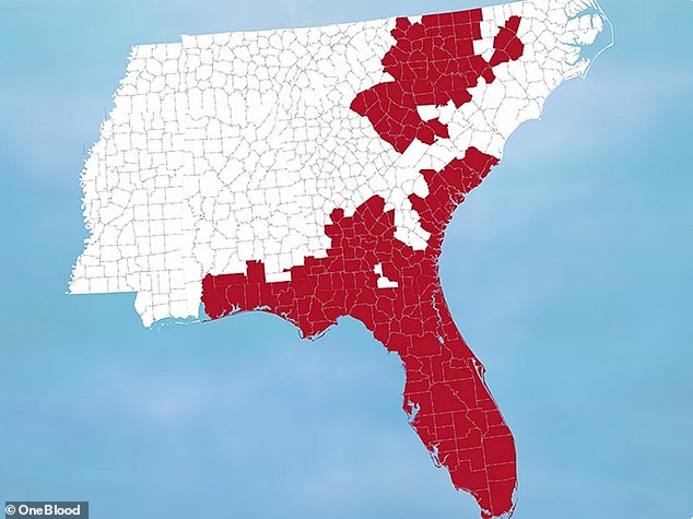 Above is a OneBlood map of the U.S. counties where the organization has donation centers in Florida, Georgia and the Carolinas.