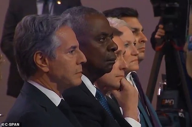 Secretary of State Anthony Blinken (left), Defense Secretary Lloyd Austin and National Security Adviser Jake Sullivan struggled to contain their reactions to the president's latest gaffe.