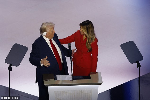 Trump appeared surprised when Melania took the stage at the end of his speech.