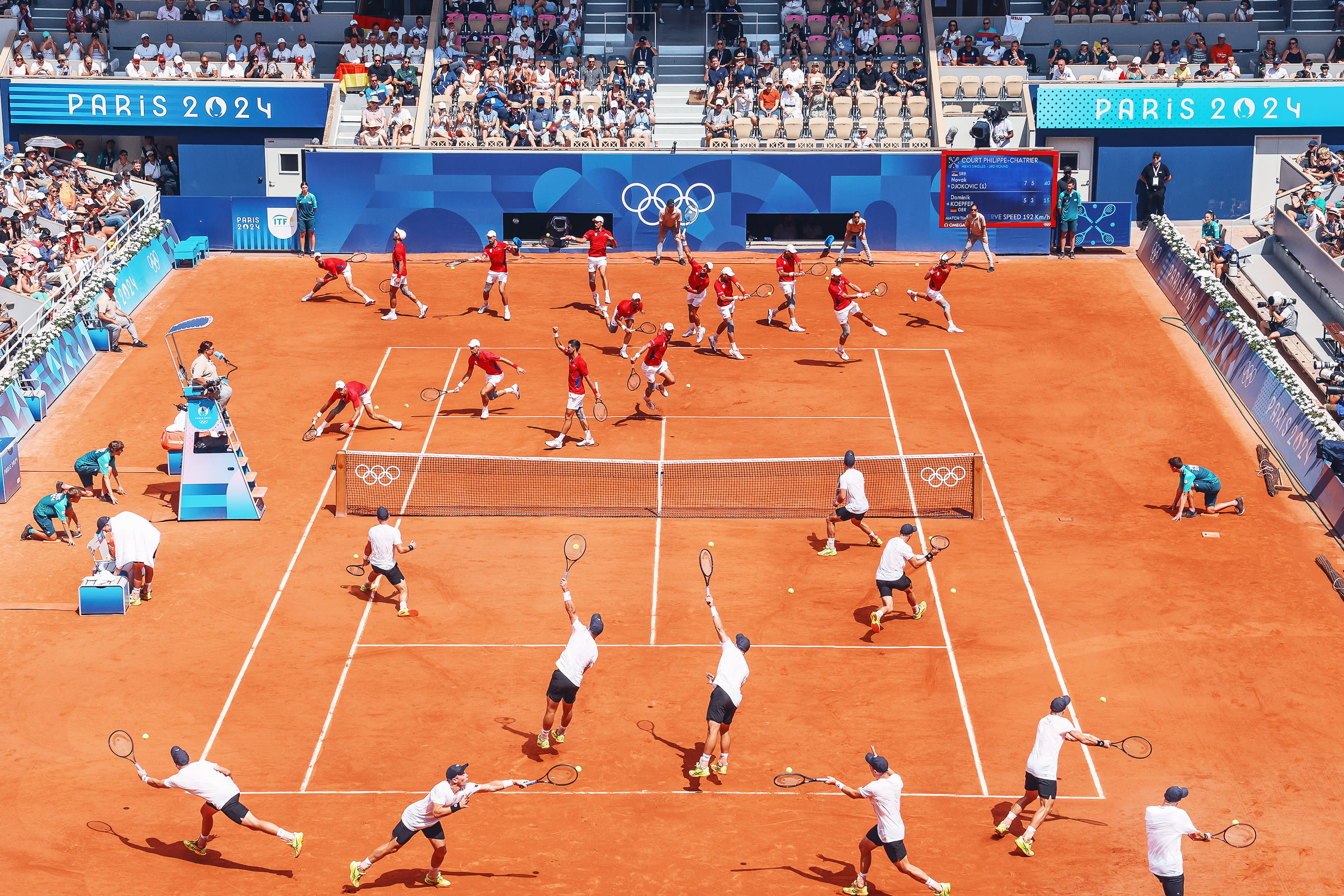 (EDITOR'S NOTE: Image is a digital composite.) General view inside Court Philippe-Chatrier as Novak Djokovic of Team Serbia plays against Dominik Koepfer of Team Germany during their Men's Singles third round match on day five of the Paris 2024 Olympic Games at Roland Garros on July 31, 2024 in Paris, France. Layers of the Games shows in one image the multiple moments that happen during a match or a day of competition during the Paris 2024 Olympic Games from a fixed camera. (Photo by Hector Vivas/Getty Images)