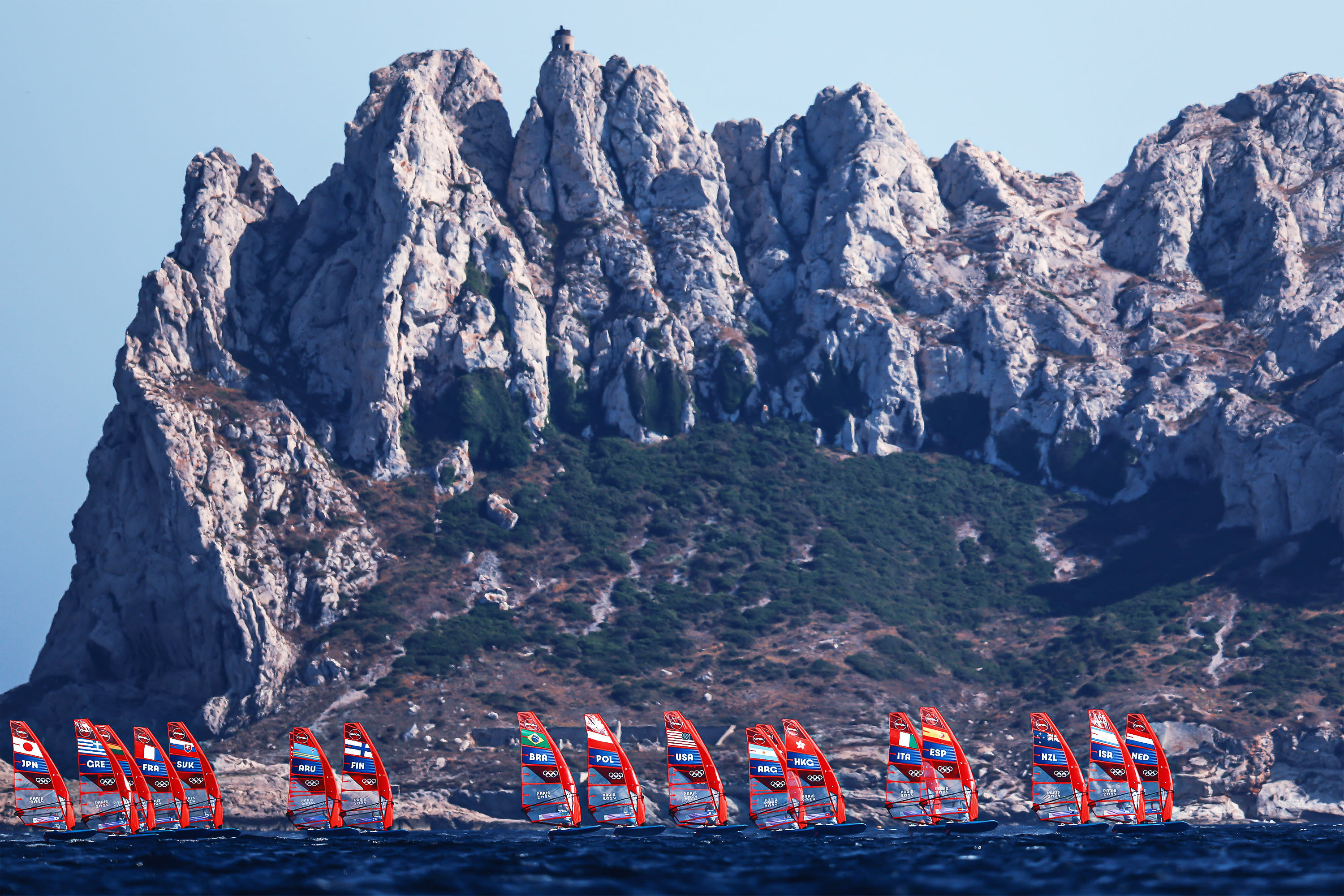 Action in the men's windsurfing iQFoil class during day five of the Paris 2024 Olympic Games at the Marina de Marseille on July 31, 2024 in Marseille, France. (Photo by Phil Walter/Getty Images)