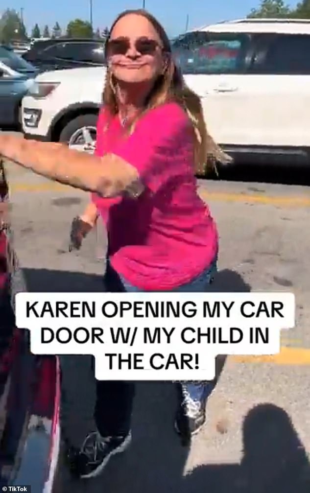 The woman was seen smiling as she touched her mother's car, after warning her not to do so.