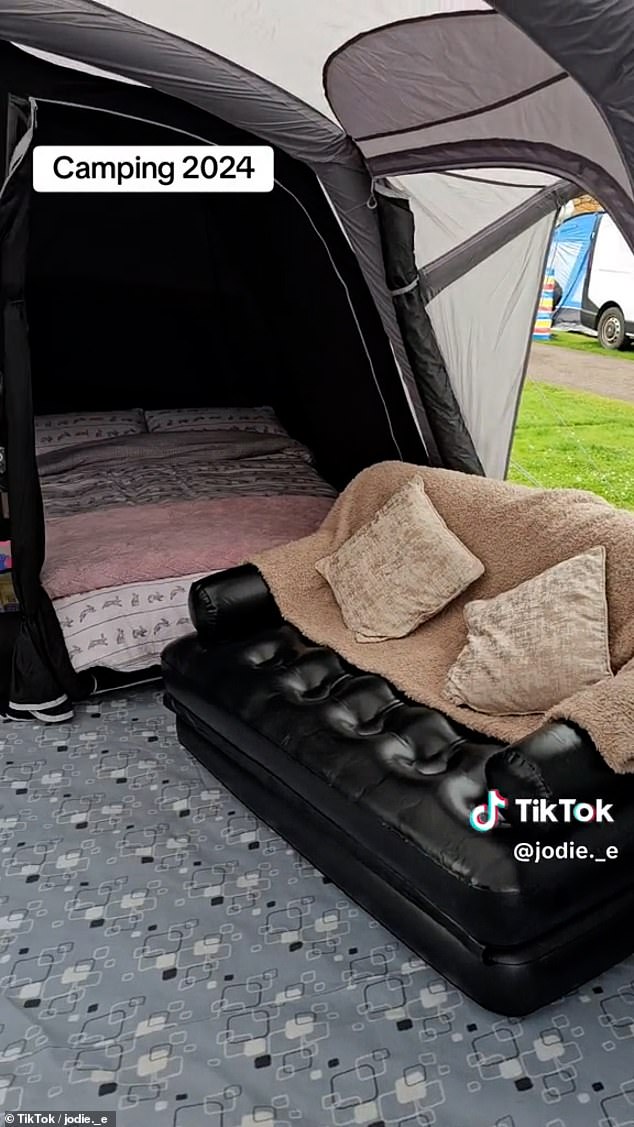 In the video, which has already been viewed three million times, the mum scanned a view of the huge setting, revealing three tent segments including a kitchen with a toaster, grill and kettle, a living room with an inflatable sofa and a double bedroom with a portable wardrobe.