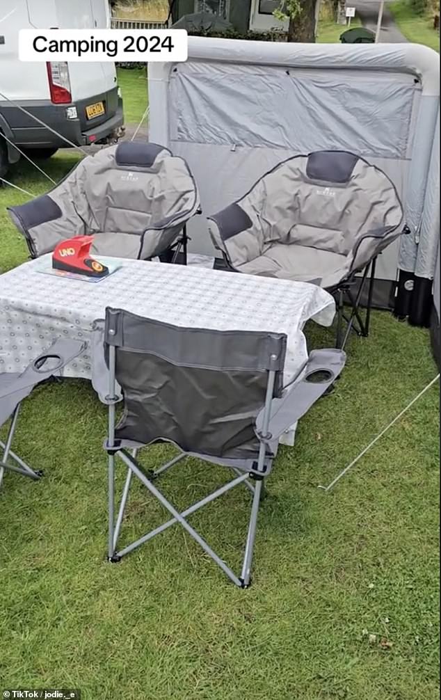 The video also showed a table complete with comfortable sofa-style camping chairs, a shoe rack and inflatable privacy screens.