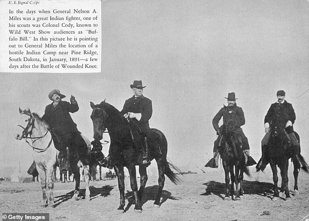 American scout and Indian fighter William Cody (left) with U.S. General Nelson A. Miles and two other cavalrymen near Pine Ridge, South Dakota, a few days after the Wounded Knee Massacre.