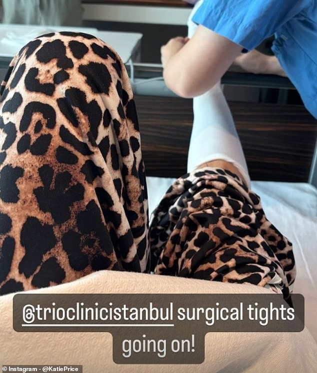 She also shared a photo of herself getting ready for surgery with the accompanying caption: '@trioclinicinstanbul surgical tights on!'