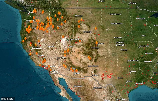 Firefighters were battling 95 major blazes Wednesday, most of which were burning across the western United States.