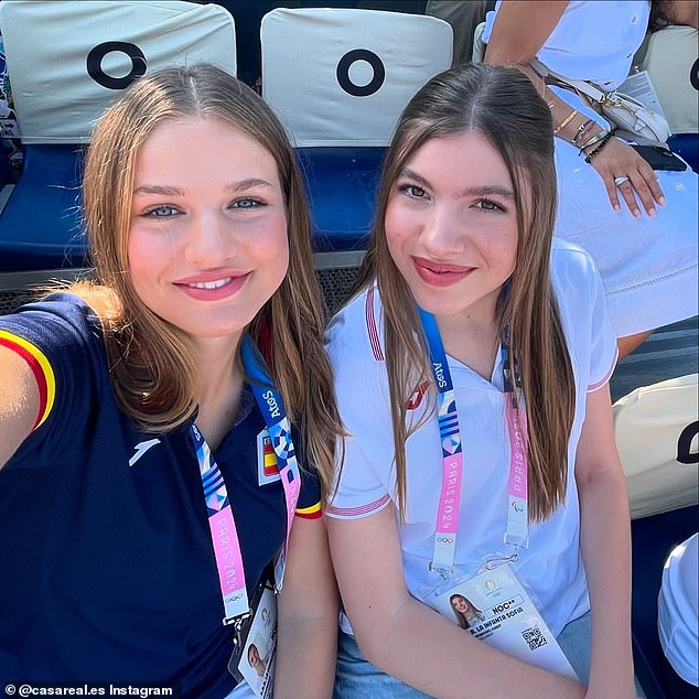 Princess Leonor, 18, and her younger sister Infanta Sofia put on a glamorous show at the games and were pictured smiling and chatting as they watched beach volleyball.