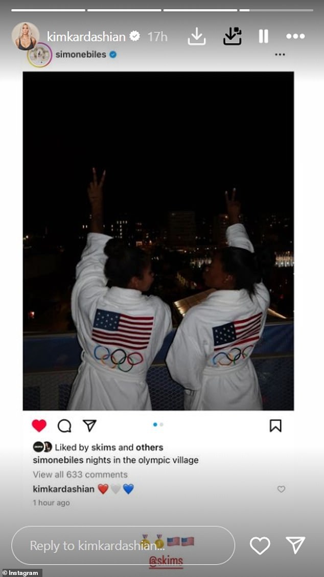 Shortly after, Kim reposted Simone Biles' Instagram post of her wearing a Skims Olympic gown.