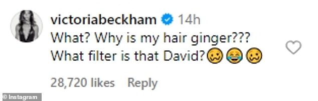 This comes after Victoria hilariously slammed her husband David for seemingly making her look like a redhead in one of their last photos together.