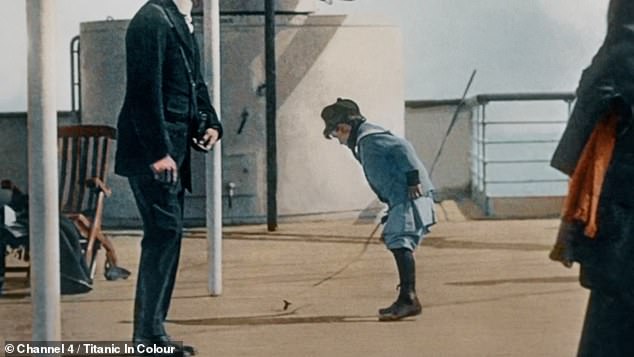 The documentary includes photographs taken by Francis Browne, the best record of what life on board would have been like. Pictured: A first class boy plays with a spinning top