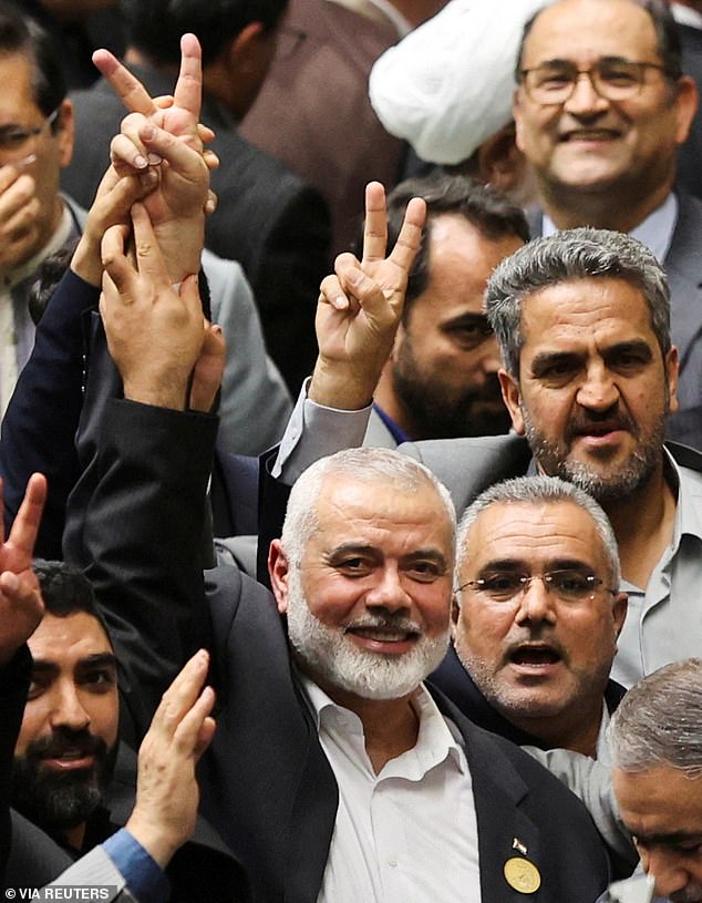 Top Palestinian Hamas leader Ismail Haniyeh attends the swearing-in ceremony of Iran's new president Masoud Pezeshkian at parliament in Tehran