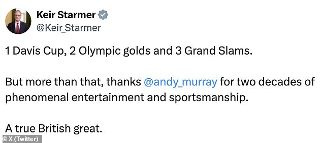 UK Prime Minister Sir Keir Starmer reacted to Murray's withdrawal by praising him via X