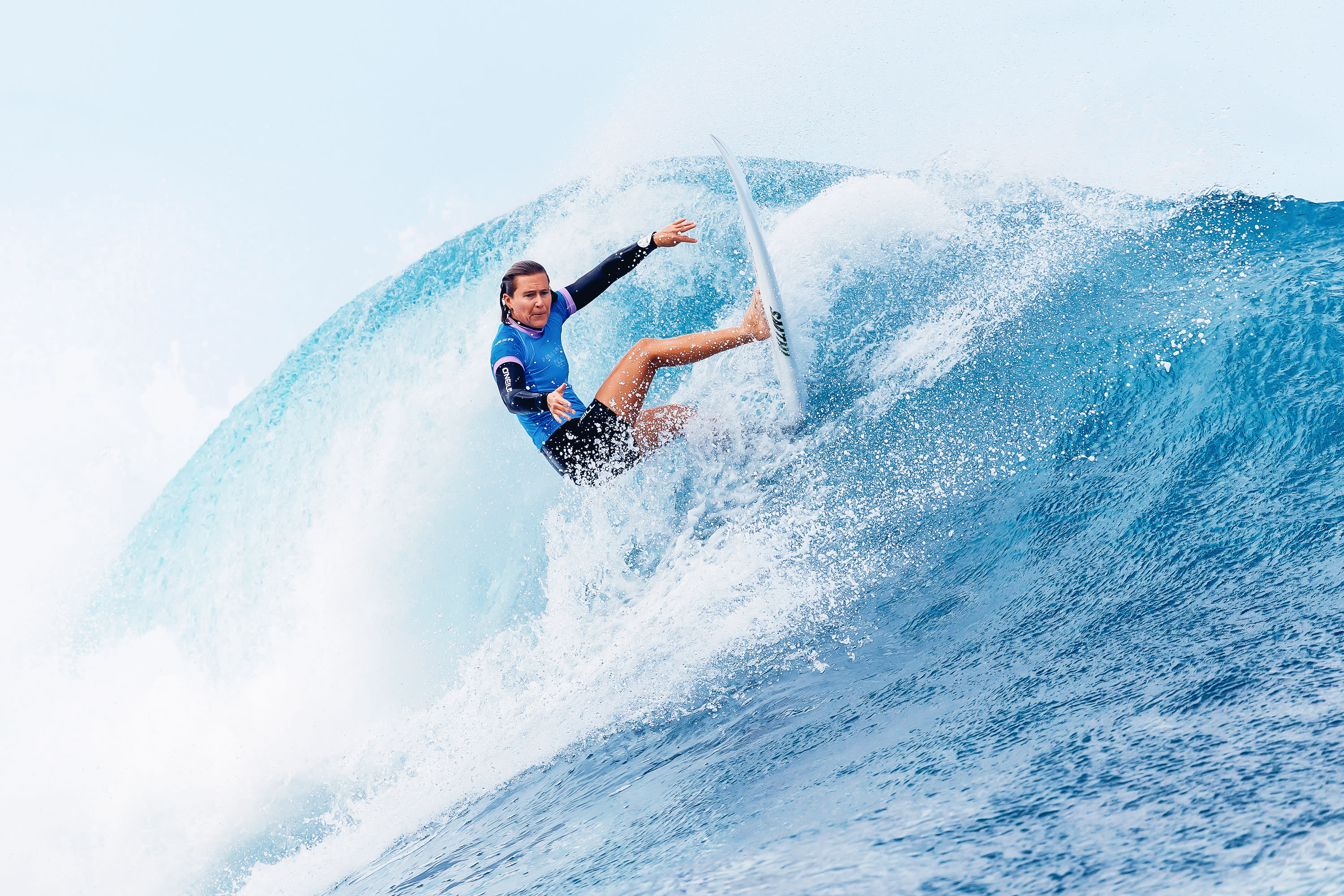 Sarah Baum of Team South Africa rides a wave during the women's surfing round three on day six of the Paris 2024 Olympic Games on August 1, 2024 in Teahupo'o, French Polynesia. (Photo by Sean M. Haffey/Getty Images)