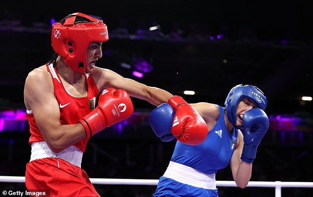 Khelif (left) easily defeated Italy's Angela Carini, whom she defeated in 46 seconds in their round of 16 match at the Paris Olympics (pictured)