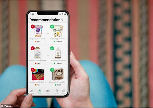 Scan the barcode of any food or cosmetic product and you will get a score out of 100 based on the amount of chemicals and additives it contains (pictured: Yuka app)