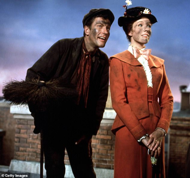 Actress Julie Andrews and Dick Van Dyke in a scene from the film 'Mary Poppins', 1964