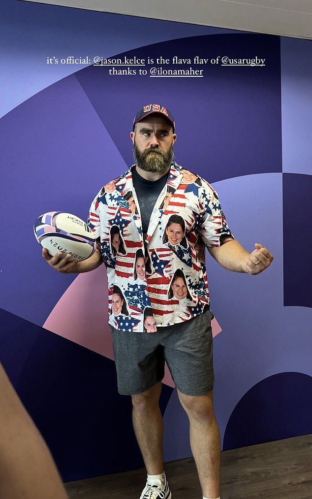 Kelce wore a jersey with Ilona Maher's face on it at the Olympics on Tuesday.