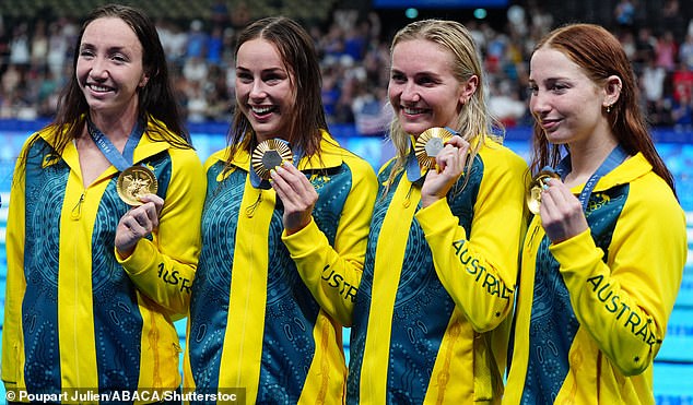 The all-conquering Australian quartet won gold ahead of the United States and China in the 4x200m freestyle relay at La Defense Arena (Pallister pictured left)