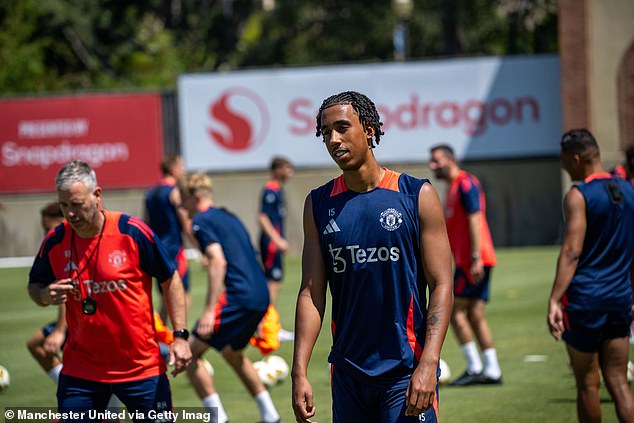 Leny Yoro (centre) is expected to miss up to three months and delay the start of his Manchester United career after picking up an injury on tour.