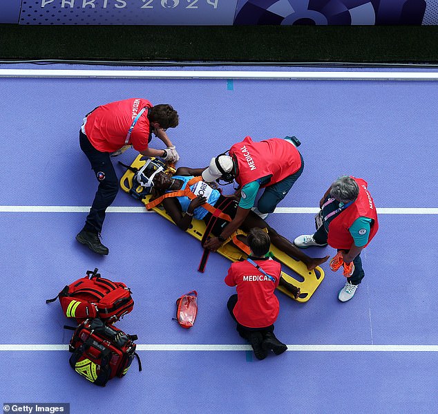 The South Sudanese star was later carried off on a stretcher after being treated by medics.