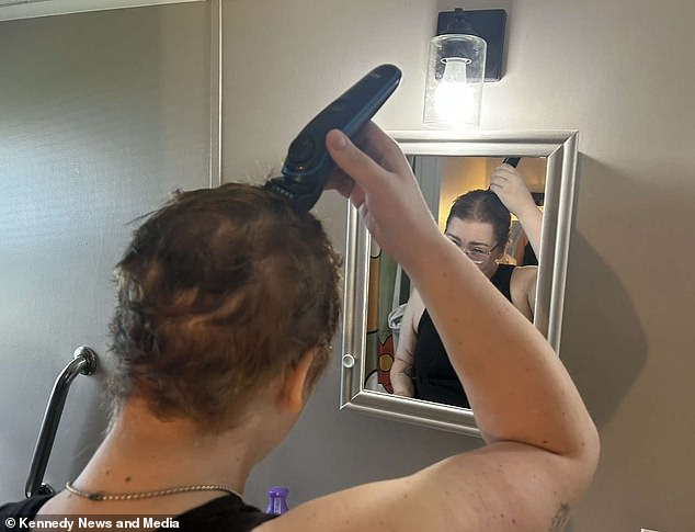 Hodgkin lymphoma occurs when infection-fighting white blood cells called B cells multiply abnormally and build up in certain parts of the lymphatic system. Pictured here, Ms Falk shaves her head during her first chemotherapy treatment.