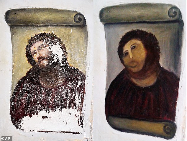 Cecilia Martine's work on the 1910 painting Ecce Homo (Behold the Man), pictured left, went viral after its restoration was dubbed Beast Jesus, pictured right.