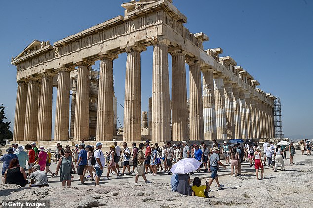 The Pantheon (pictured 2023) was partially destroyed during a Venetian bombardment of the Ottoman Empire in 1687, when a fired cannonball blew up gunpowder stored inside, and was then looted.