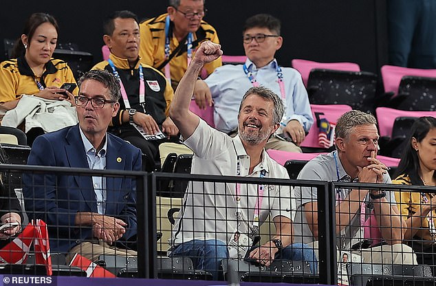 The 56-year-old Danish monarch was cheering on Danes Kim Astrup and Anders Skaarup Rasmussen as they played Taiwanese Lee Yang and Wang Chi-Lin at the Paris Olympics.