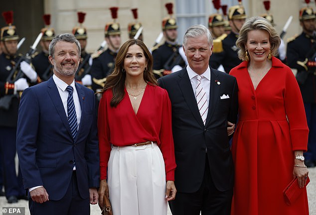 King Frederik X and Queen Mary of Denmark, and King Philippe and Queen Mathilde of Belgium arrive for a reception hosted by French President Macron and his wife at the Elysee Palace in Paris.