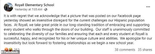 The school issued a humiliating apology following backlash from parents.