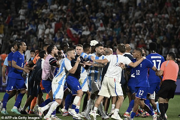 A 30-man brawl followed Friday's competitive match at the men's Olympic soccer tournament.