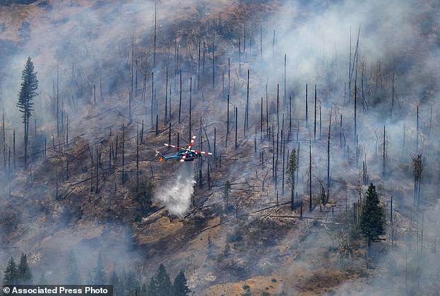 A helicopter drops water on the park fire near Butte Meadows, California, on Tuesday.