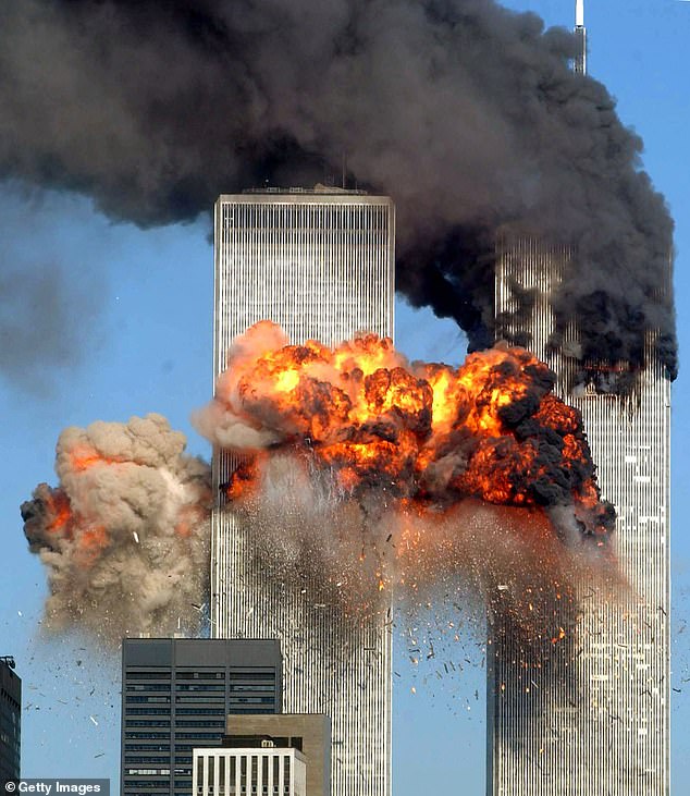 Hijacked United Airlines Flight 175 from Boston crashes into the South Tower of the World Trade Center and explodes at 9:03 a.m. on September 11. Nearly 3,000 people were killed during the attacks on New York City, Washington DC, and the downing of a United Airlines jet in a field in Pennsylvania.