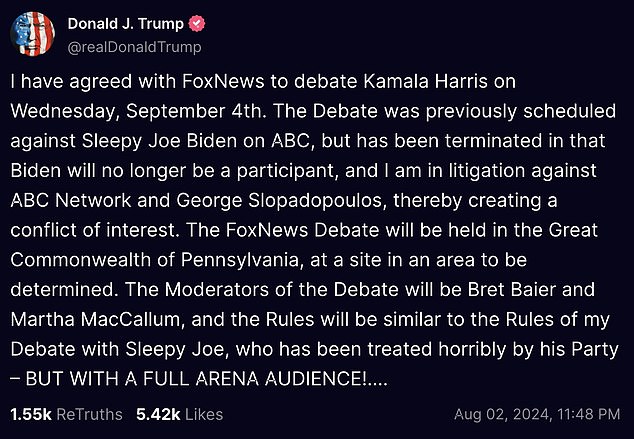 1722665425 368 Trump says he agreed to debate Kamala Harris on