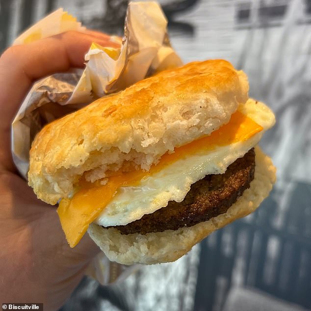 Biscuitville serves sausage, eggs, cheese and bacon on biscuits.