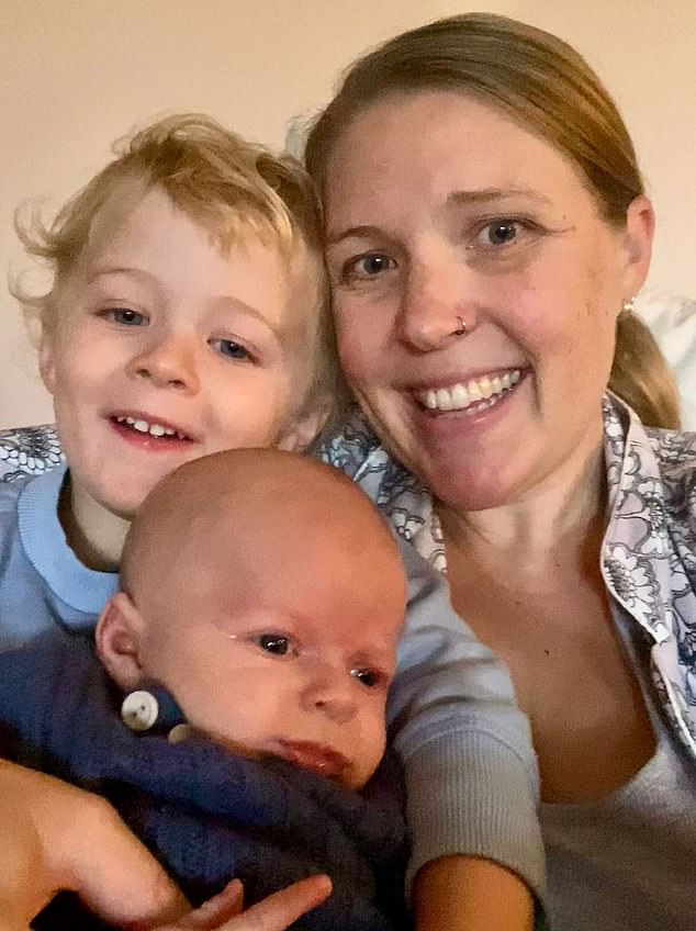 Suraya Jenkins is pictured with her two-and-a-half-year-old son Reef and baby Wren.