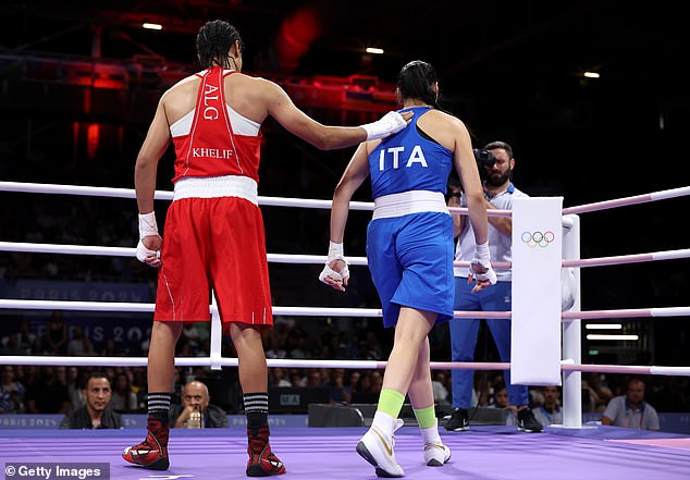 Khelif's (left) victory was highly controversial after she was disqualified from the Women's World Boxing Championships last year due to her elevated testosterone levels.