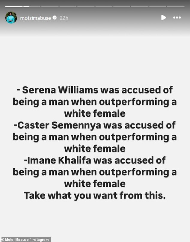 Another saw her reference black athletes - tennis star Serena Williams and middle-distance runner Caster Semenya - stating that both were 