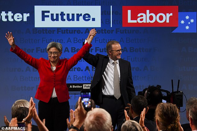 Of all the ministers close to Albo, Penny Wong is the one who has a particularly close relationship with the Prime Minister. Above, the couple celebrate the Labour Party's election victory in 2022